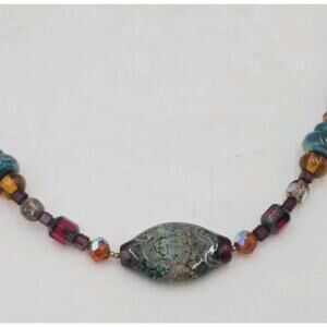Artisan Boho Colorful Sterling Iridescent Glass Beaded Statement 22" Necklace